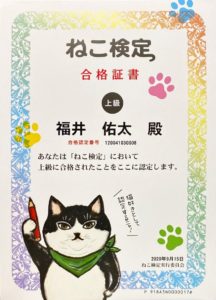 ねこ検定上級合格証書